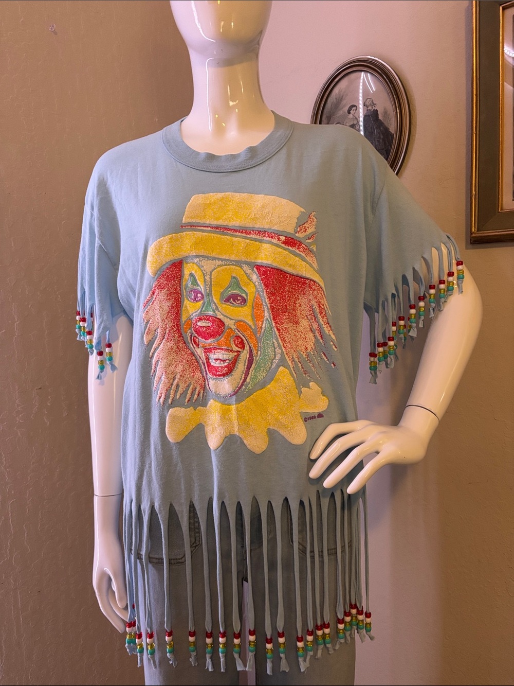 Fringed Light Blue Clown Graphic Short Sleeve Tee